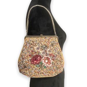 Vintage Mid-Century Soure Bag NY Needlepoint Beaded Embellished Handbag Clasp